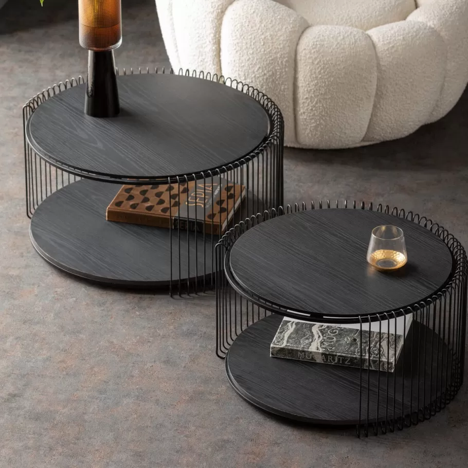 KARE Design Kasten | Tafels<Salontafel Wire Double Black Wood (2/set)